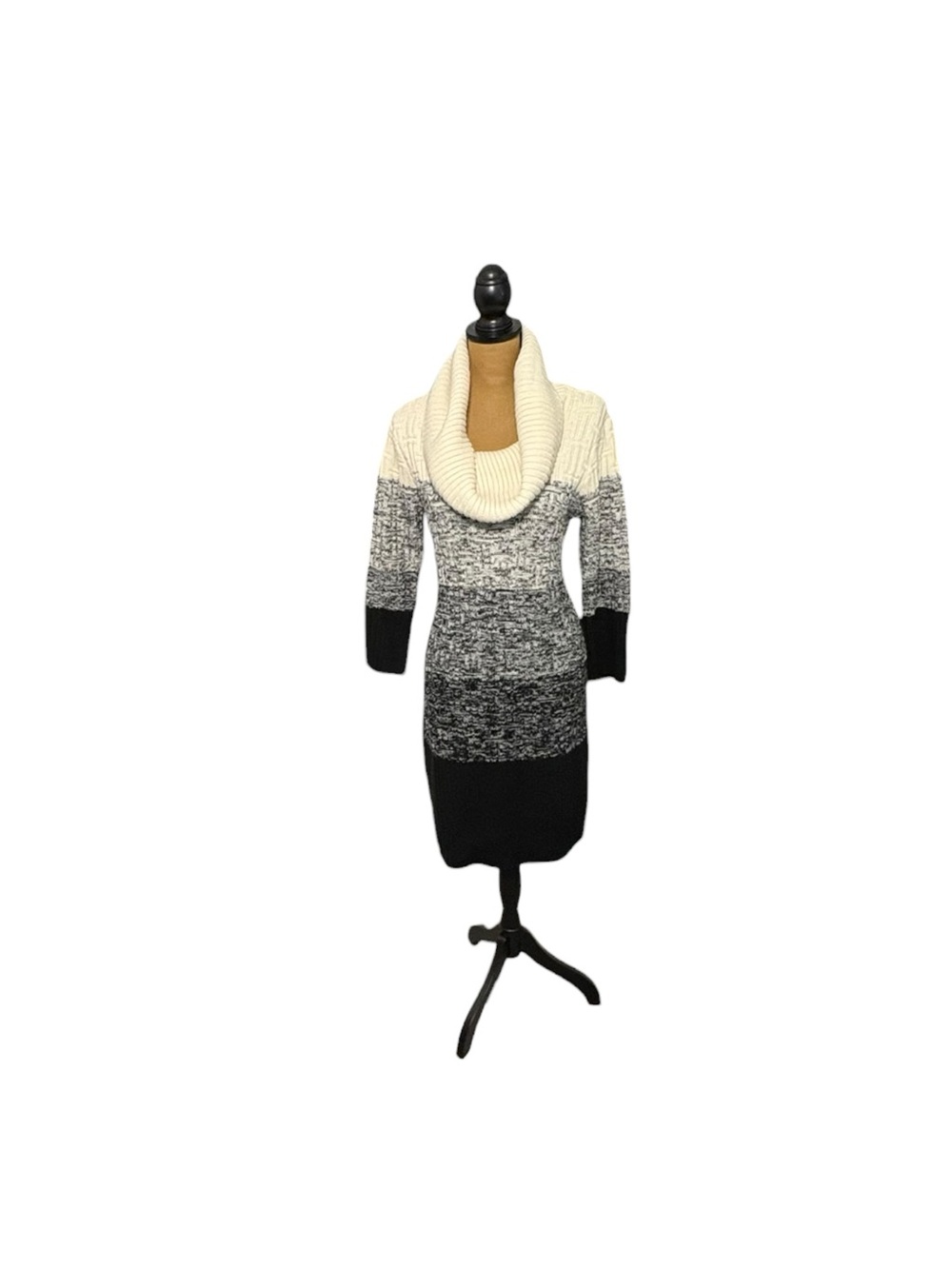 Dressbarn Womens M Cowl Neck Ombre Sweater Dress Black Gray Ivory Knit Winter